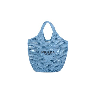 PRADA TRIANGLE LOGO BUCKET TOTE RAFFIA BLUE 1BG424 (53*40cm) 